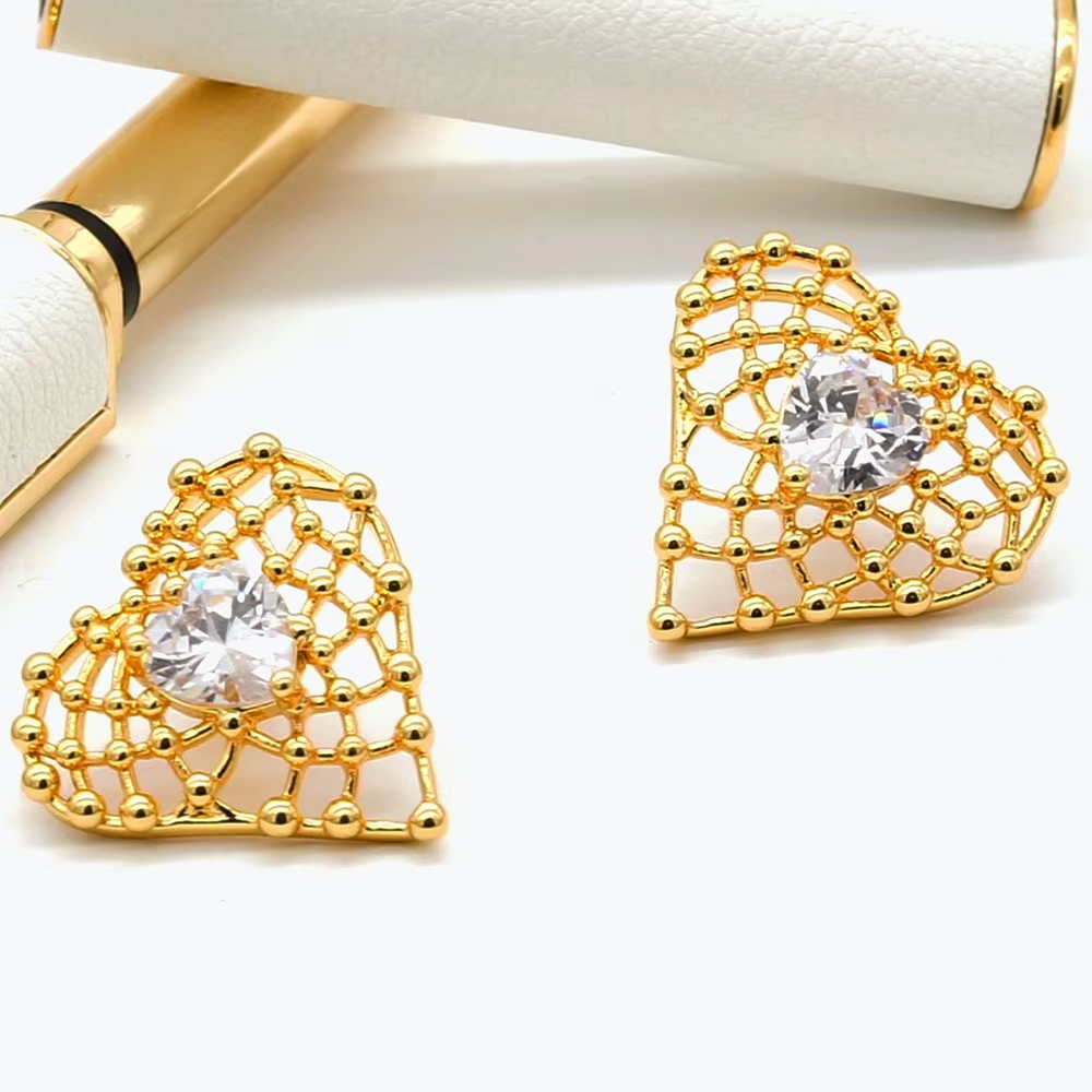 Puffy Heart Earrings, Korean Lacie Heart Earrings Stud Gold Plated