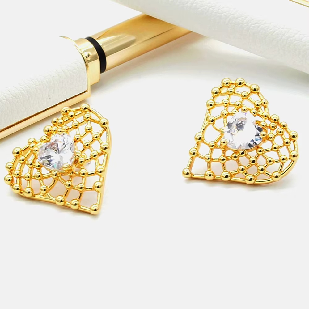 Puffy Heart Earrings, Korean Lacie Heart Earrings Stud Gold Plated
