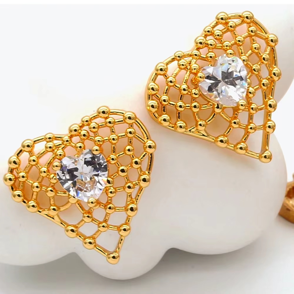 Puffy Heart Earrings, Korean Lacie Heart Earrings Stud Gold Plated