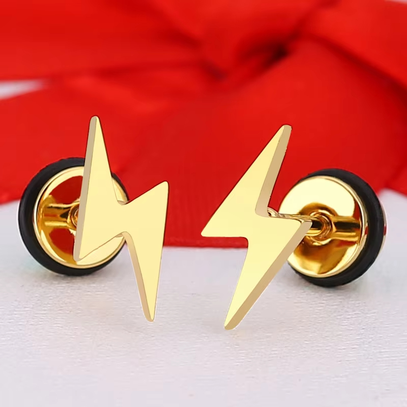 Punk Titanium Lightning Geometric Stud Earrings for Men Stainless Steel Black Screw Piercing Platinum Plated Jewelry Party Gift