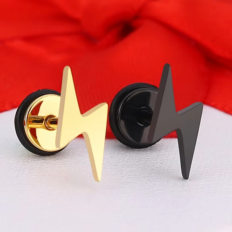 Punk Titanium Lightning Geometric Stud Earrings for Men Stainless Steel Black Screw Piercing Platinum Plated Jewelry Party Gift