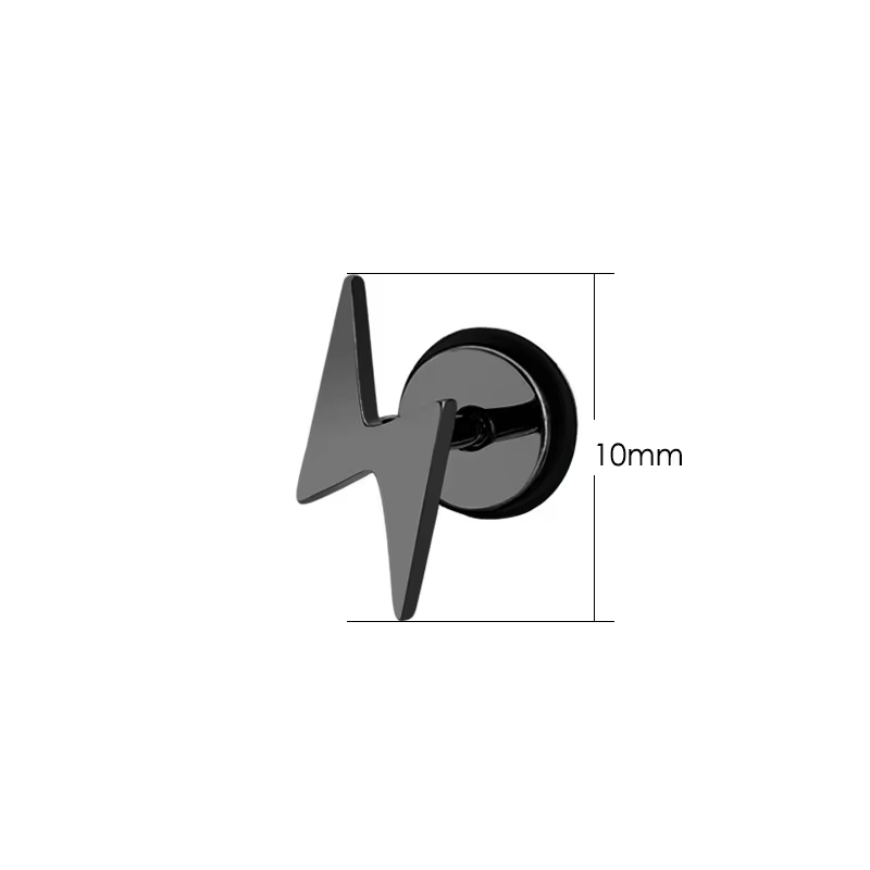Punk Titanium Lightning Geometric Stud Earrings for Men Stainless Steel Black Screw Piercing Platinum Plated Jewelry Party Gift