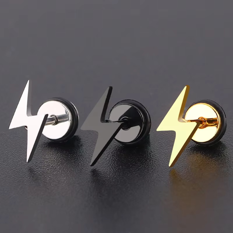 Punk Titanium Lightning Geometric Stud Earrings for Men Stainless Steel Black Screw Piercing Platinum Plated Jewelry Party Gift