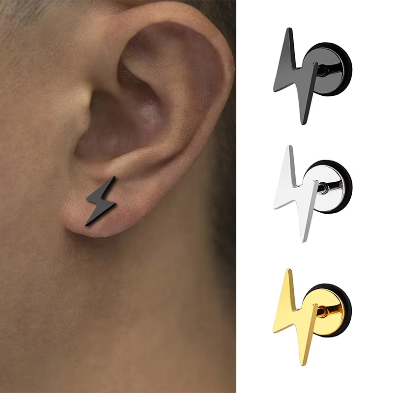 Punk Titanium Lightning Geometric Stud Earrings for Men Stainless Steel Black Screw Piercing Platinum Plated Jewelry Party Gift