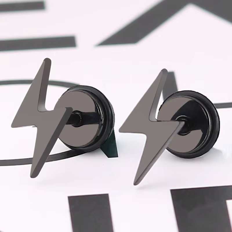 Punk Titanium Lightning Geometric Stud Earrings for Men Stainless Steel Black Screw Piercing Platinum Plated Jewelry Party Gift