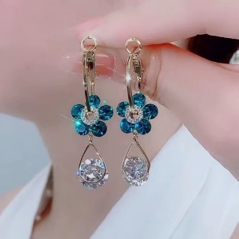 Purple Crystal Flower Earrings Petal Drops Tassel Luxury High Earrings