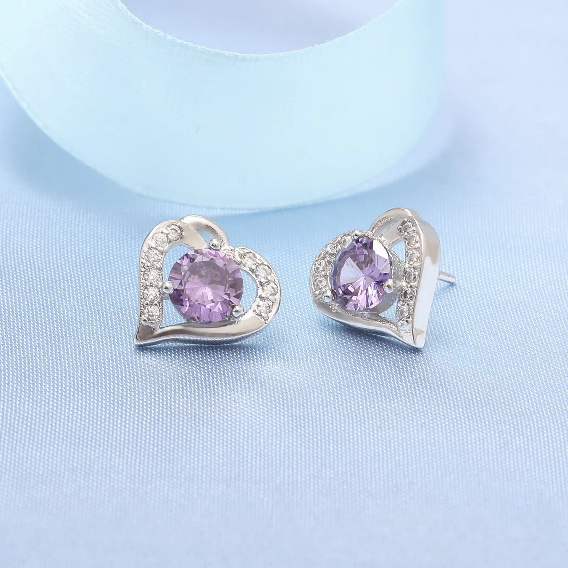 Purple Love Earrings Heart Stud Earring Gemstone Haifeng Meilong Jewelry