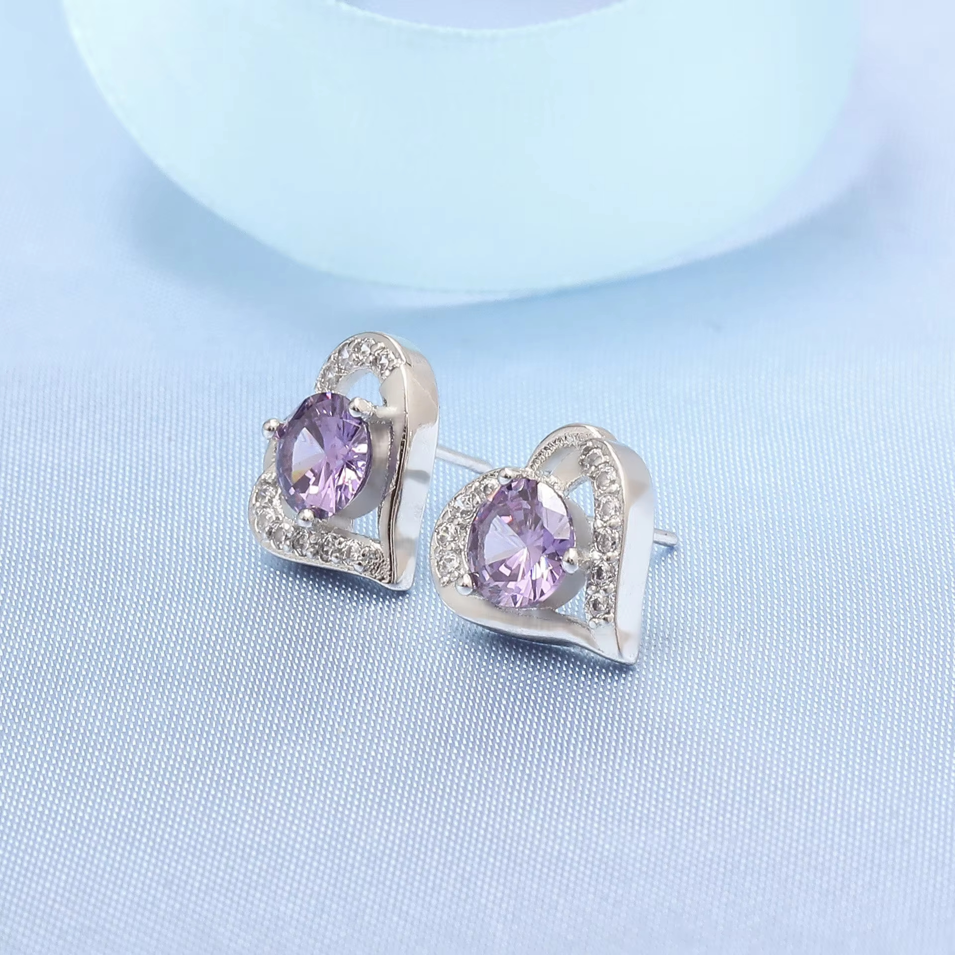 Purple Love Earrings Heart Stud Earring Gemstone Haifeng Meilong Jewelry