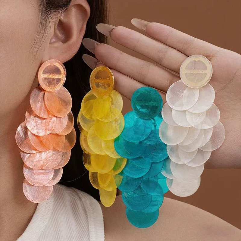 Fashion Colorful Temperament Round Shell Tassel Earrings Holiday Style Exaggerated Women Earrings for Gifts
