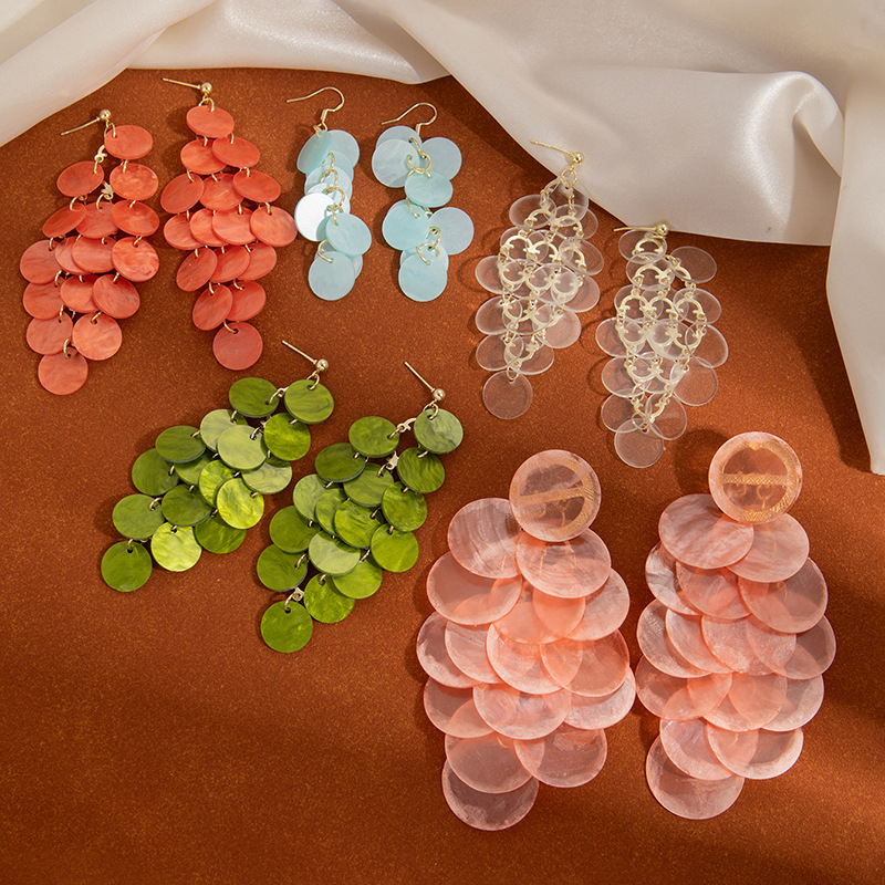 Fashion Colorful Temperament Round Shell Tassel Earrings Holiday Style Exaggerated Women Earrings for Gifts