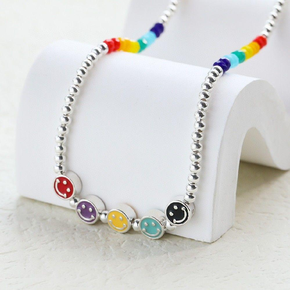 Rainbow Beaded Smiley Face Necklace – Colorful Y2K Style Jewelry for Women