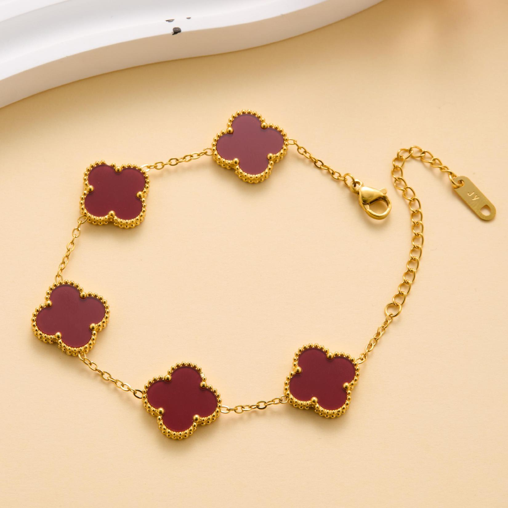 Red Clover Bracelet Gold Chain - Van Cleef Inspired Four Leaf Motif Elegant Jewelry for Women Girls Fashion Statement Adjustable Accessory