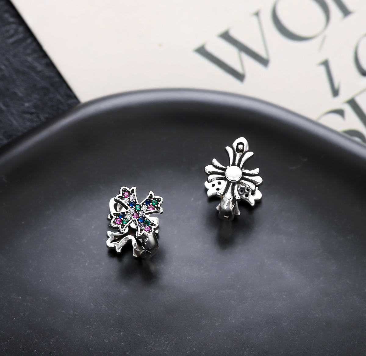 Vintage Cross Flower Ear Cuffs, Multicolor Cubic Zirconia, Silver Clip-on, No Piercing, Women’s Statement Jewelry