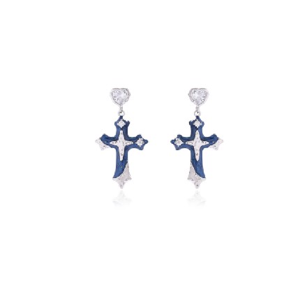 Elegant Blue Cross Dangle Earrings for Women Religious Silver Plated Jewelry