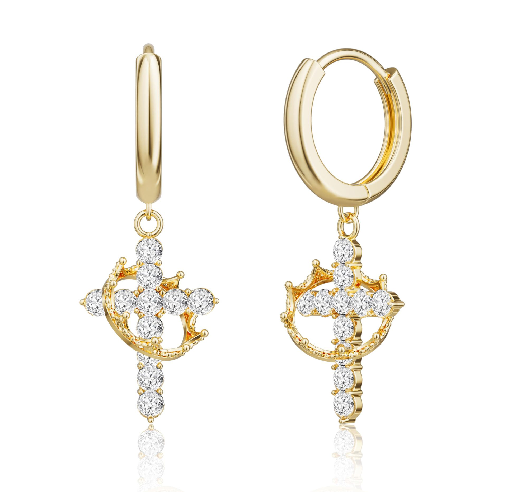 Crown Cross Hoop Earrings – Gold Plated Crystal Religious Dangle Earrings for Women