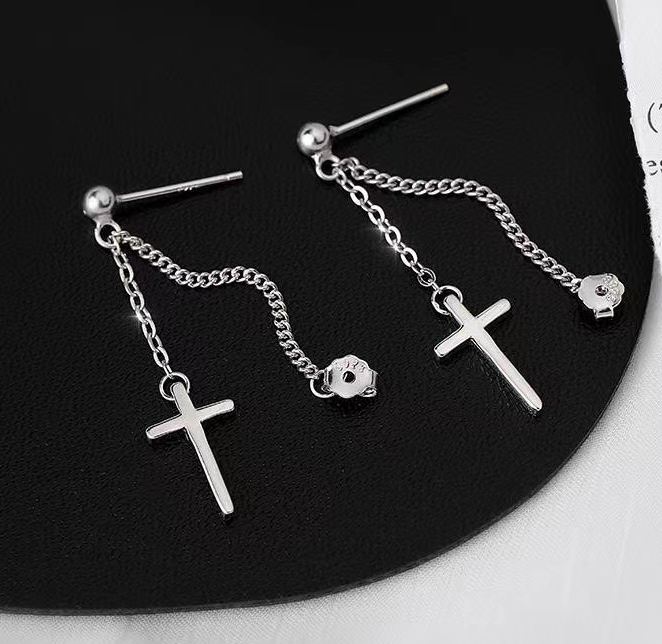 Punk Double Chain Cross Drop Earrings - Stainless Steel Unisex Religious Dangle Jewelry