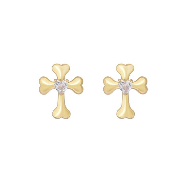 Heart CZ Cross Stud Earrings – Gold Plated Christian Earrings for Women & Girls