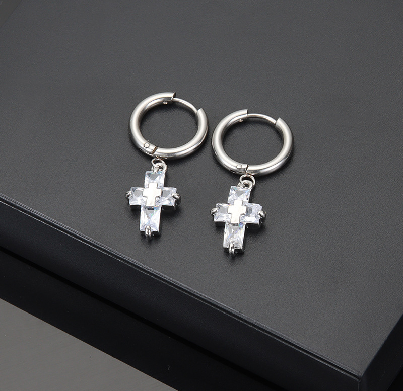 Crystal Cross Dangle Hoop Earrings, Silver Plated, Minimalist, Unisex, Sparkling Statement Jewelry 2024