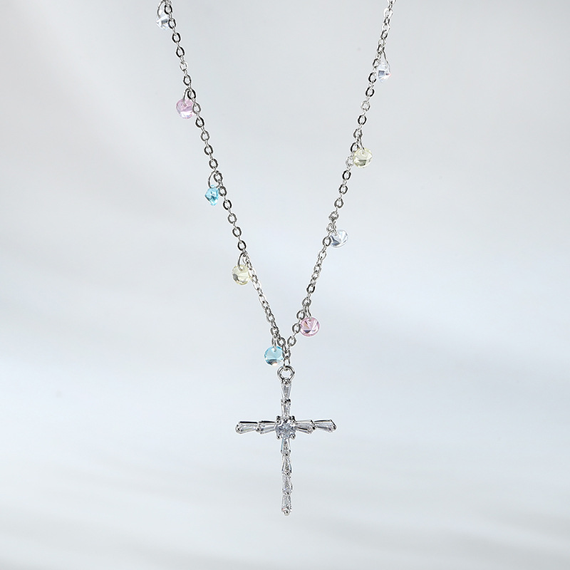 Colorful Beaded Cross Pendant Necklace – Stainless Steel Religious Jewelry for Women