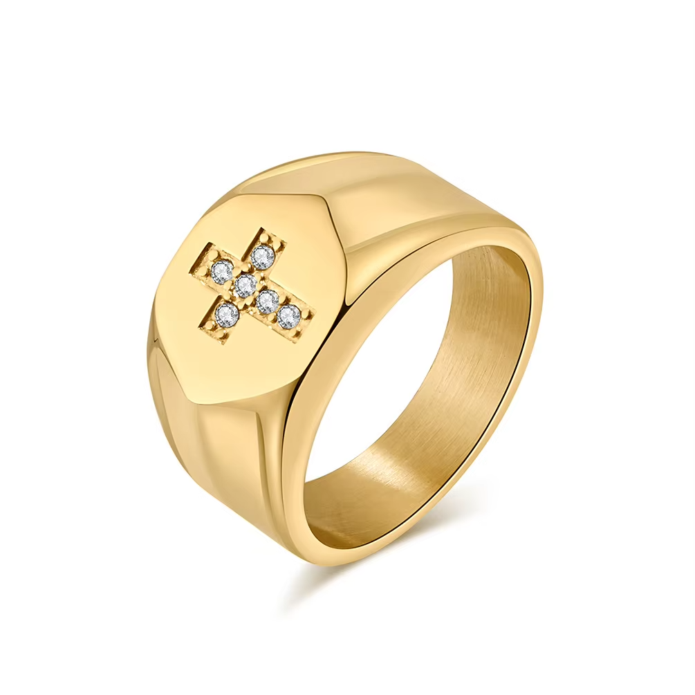 Retro Cross Stainless Steel Ring – Gold, Silver & Black with Zircon Inlay