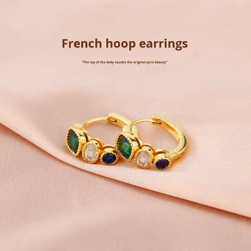 Retro Trendy Geometric Green Zircon Earrings for Women Gold-color Plated Brass Anniversary Gift