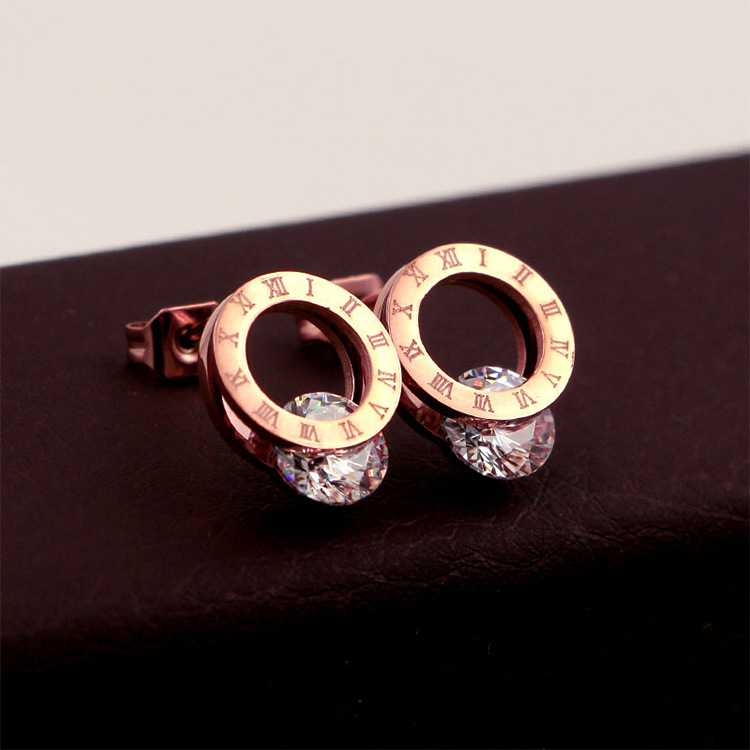 Roman Numeral Circle Stud Earrings with Cubic Zirconia – Rose Gold Plated Stainless Steel Earrings for Women – Elegant Crystal Accent Jewelry