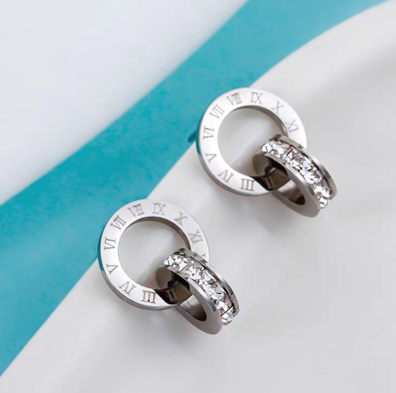Roman Numeral Stainless Steel Stud Earrings with Crystal Circle Design