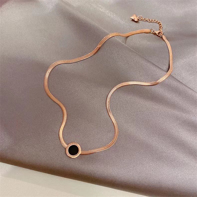 Rose Gold 'Forever Love' Pendant Necklace – Titanium Steel Black Enamel Disc Chain