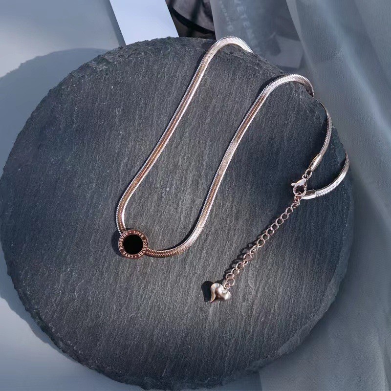 Rose Gold 'Forever Love' Pendant Necklace – Titanium Steel Black Enamel Disc Chain