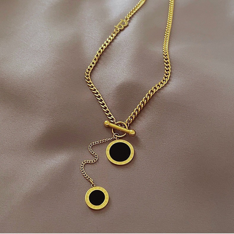 Asymmetrical Black Circle Pendant Necklace – Titanium Steel with Toggle Clasp