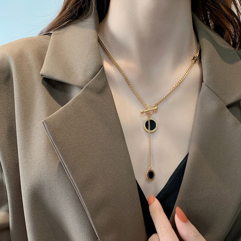 Asymmetrical Black Circle Pendant Necklace – Titanium Steel with Toggle Clasp