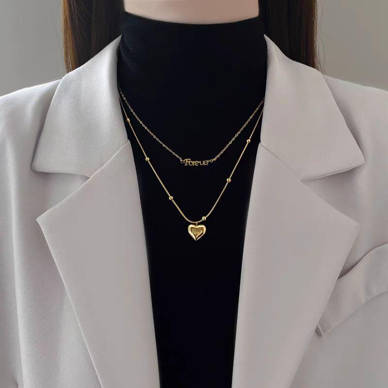 Romantic Layered Gold Necklace with Heart and Forever Pendant