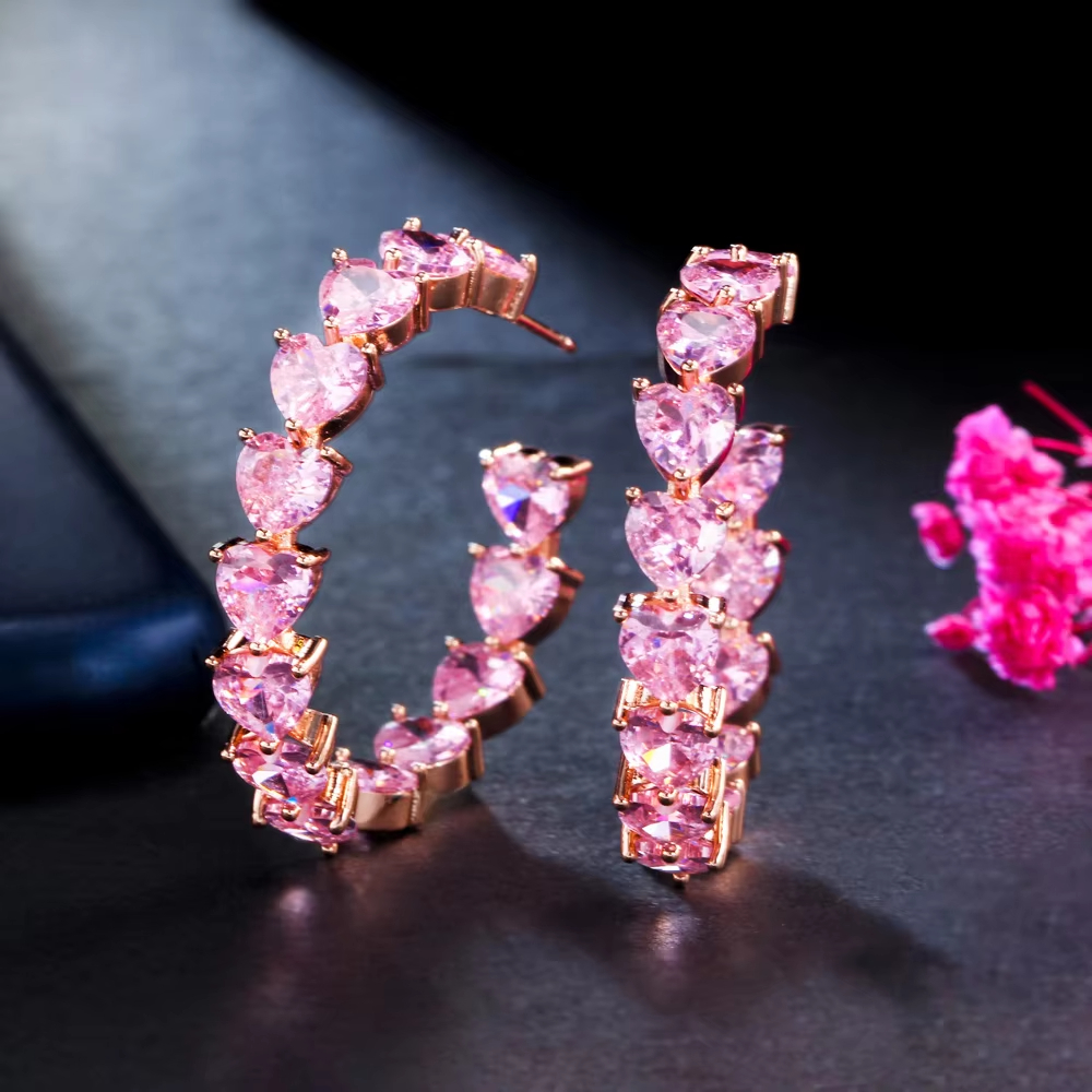 Rose Gold Plated Cute Pink Color Love Heart Cubic Zirconia Stone C Shaped Stud Hoop Earrings Costume Accessories for Women Gift