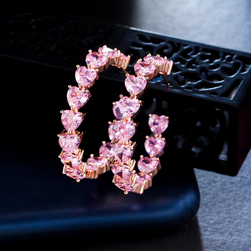 Rose Gold Plated Cute Pink Color Love Heart Cubic Zirconia Stone C Shaped Stud Hoop Earrings Costume Accessories for Women Gift