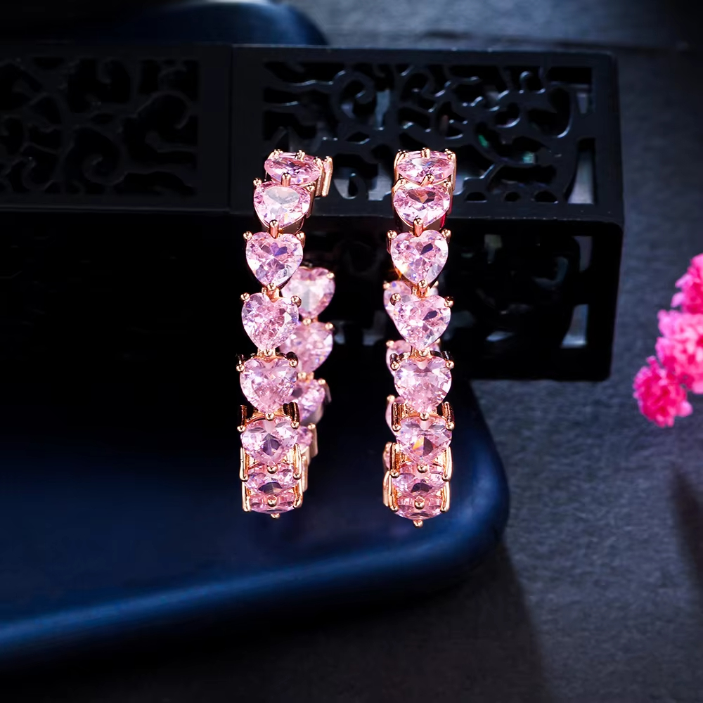 Rose Gold Plated Cute Pink Color Love Heart Cubic Zirconia Stone C Shaped Stud Hoop Earrings Costume Accessories for Women Gift