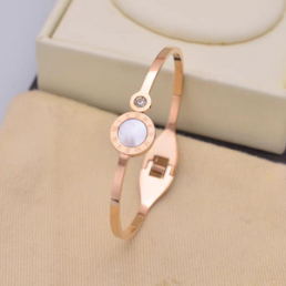 Rose Gold Stainless Steel Bangle Bracelet with Mother of Pearl & Crystal Accent by Geili Jewelry