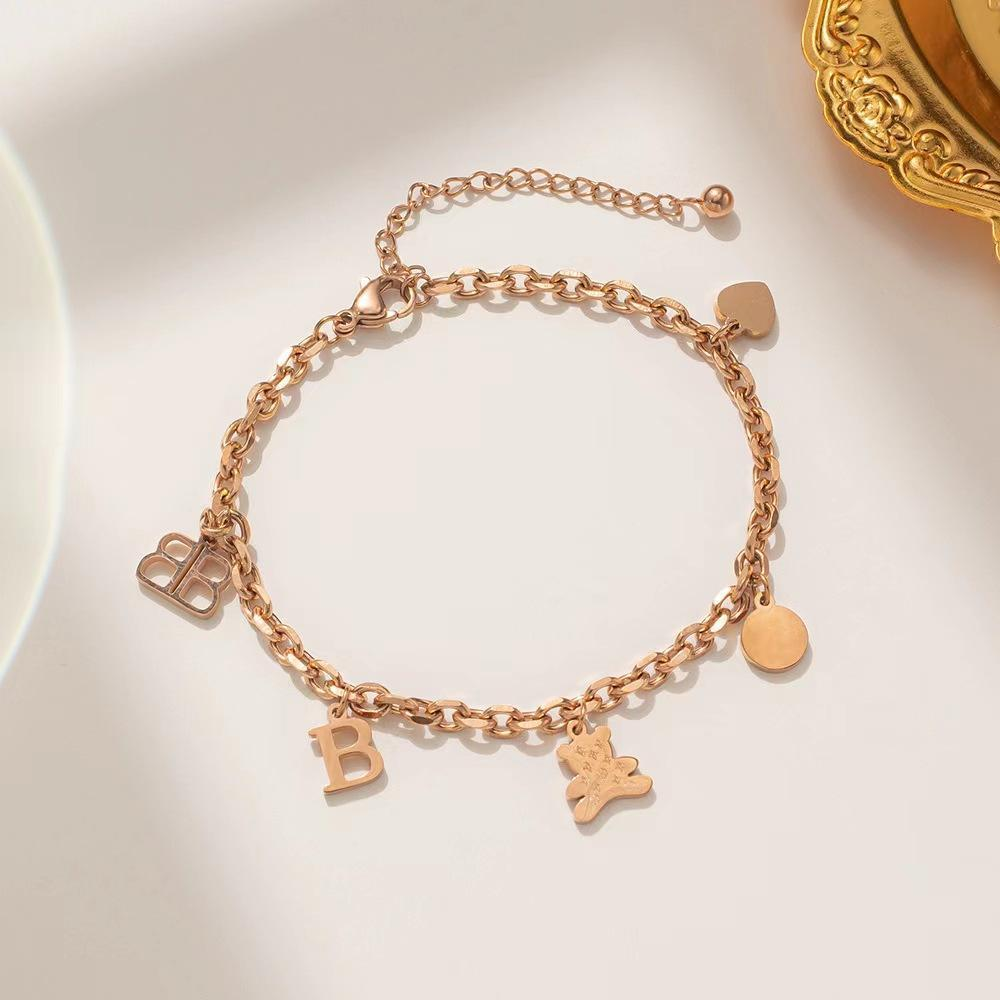 Rose Gold Stainless Steel Charm Bracelet for Women – Adjustable Chain with Teddy, Heart, B Letter Charms, OEM Custom Jewelry