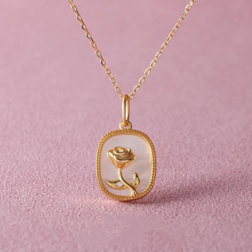 Titanium Steel Rose Pendant Necklace with Enamel Detail