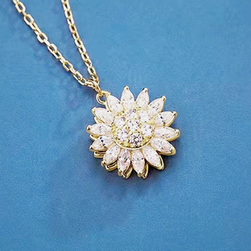 Rotating Sunflower Pendant Necklace for Women Stainless Steel Crystal Anti Stress Anxiety Daisy Necklace Jewelry