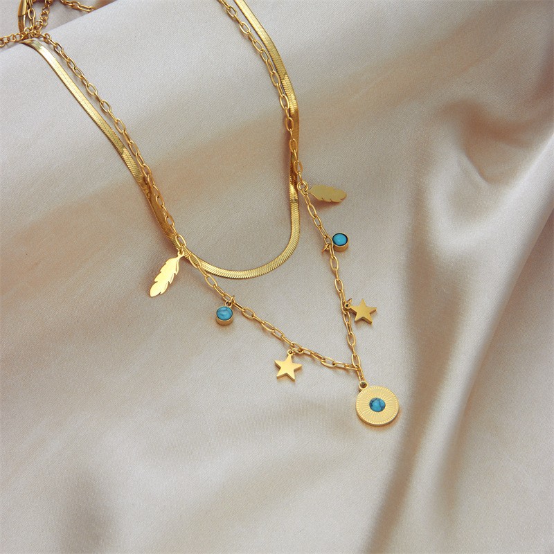 Layered Gold Plated Titanium Steel Necklace with Turquoise Beads, Feather & Star Charms