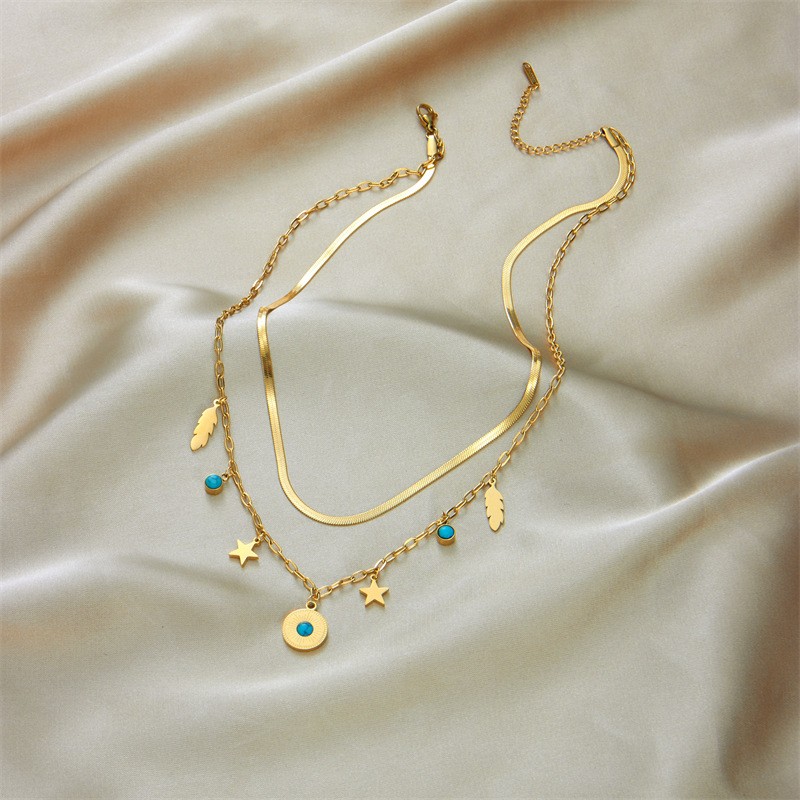 Layered Gold Plated Titanium Steel Necklace with Turquoise Beads, Feather & Star Charms