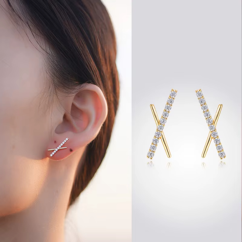 S925 Sterling Silver Full Zircon Female Earrings Classic Cross X Shaped Stud with Gold Plating for Anniversaries
