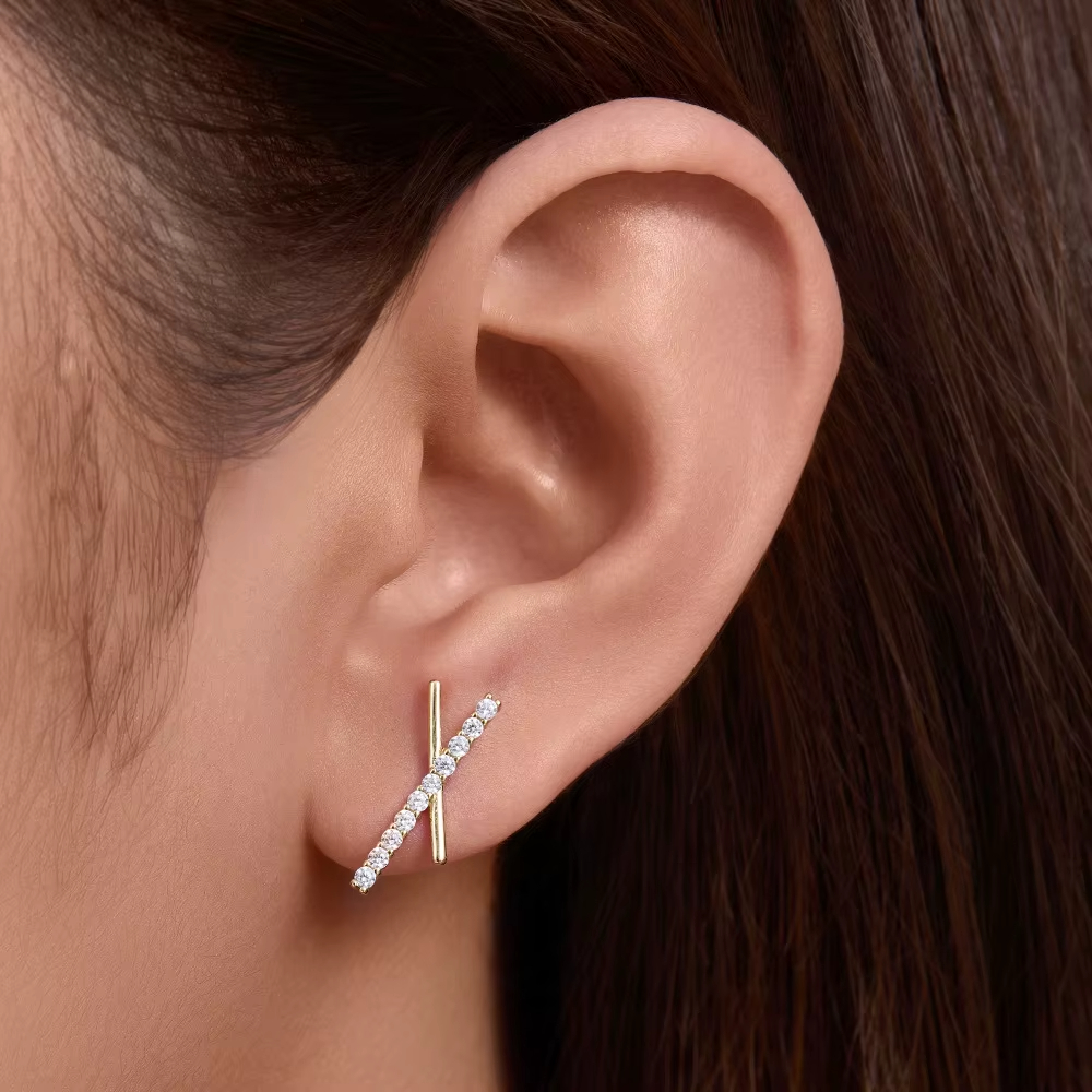 S925 Sterling Silver Full Zircon Female Earrings Classic Cross X Shaped Stud with Gold Plating for Anniversaries