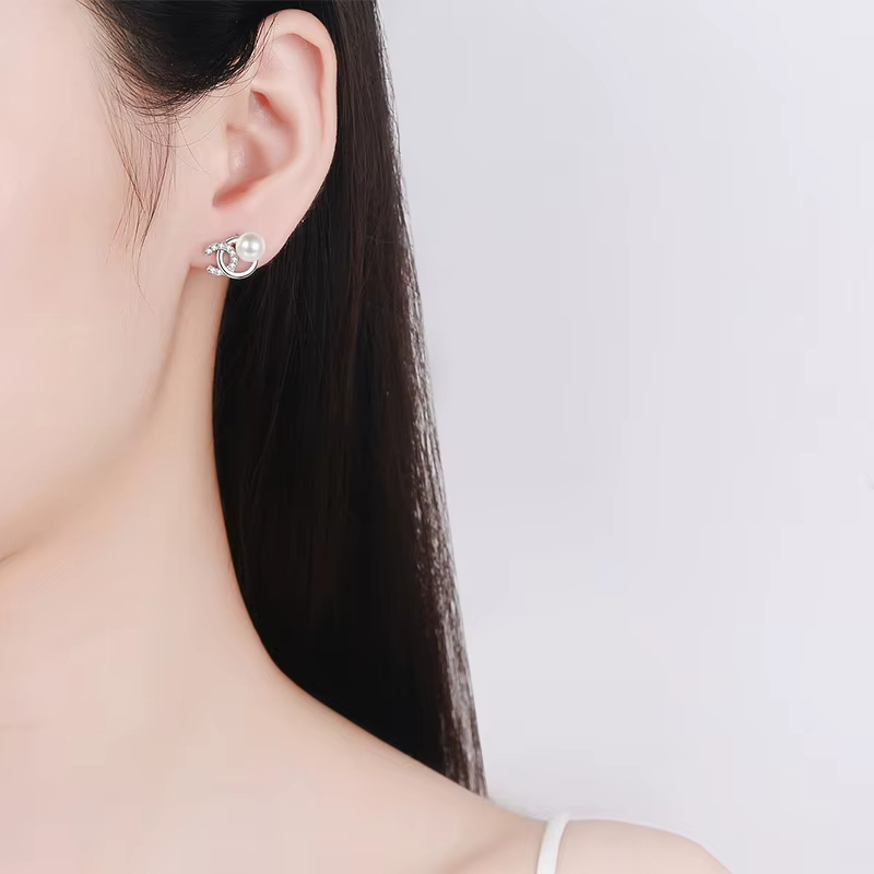 S925 Sterling Silver Women's CC Style Freshwater Pearl Moissanite Earrings Natural Flawless