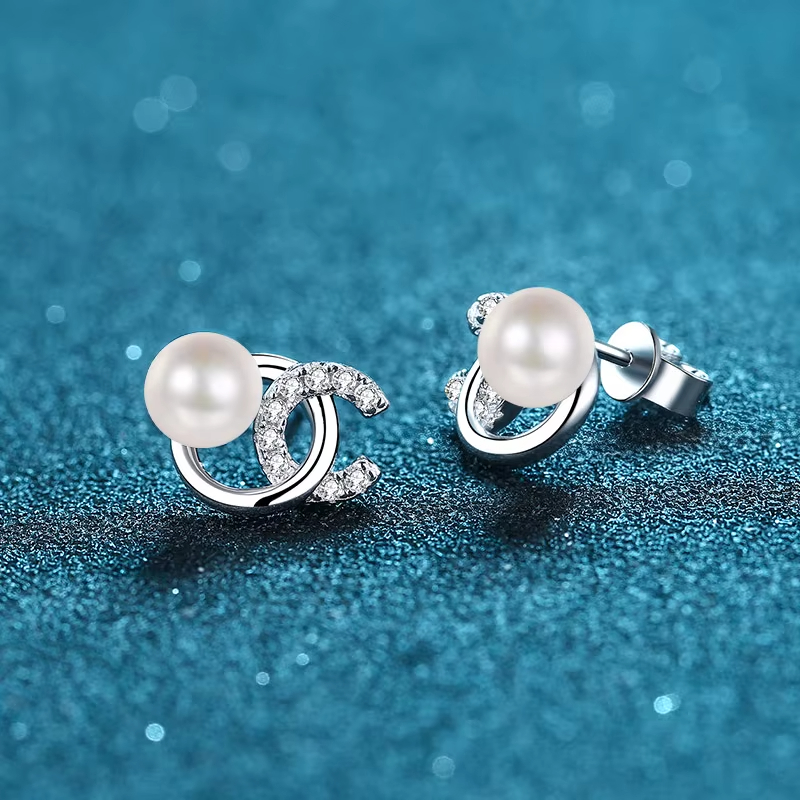S925 Sterling Silver Women's CC Style Freshwater Pearl Moissanite Earrings Natural Flawless