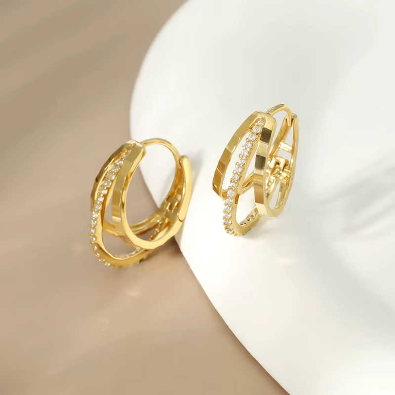 S925 Sterling Silver Women's Trendy Stud Earrings Korean-Style Niche Design Three-Layer Zircon Inlay Simple Hoop Style Jewelry
