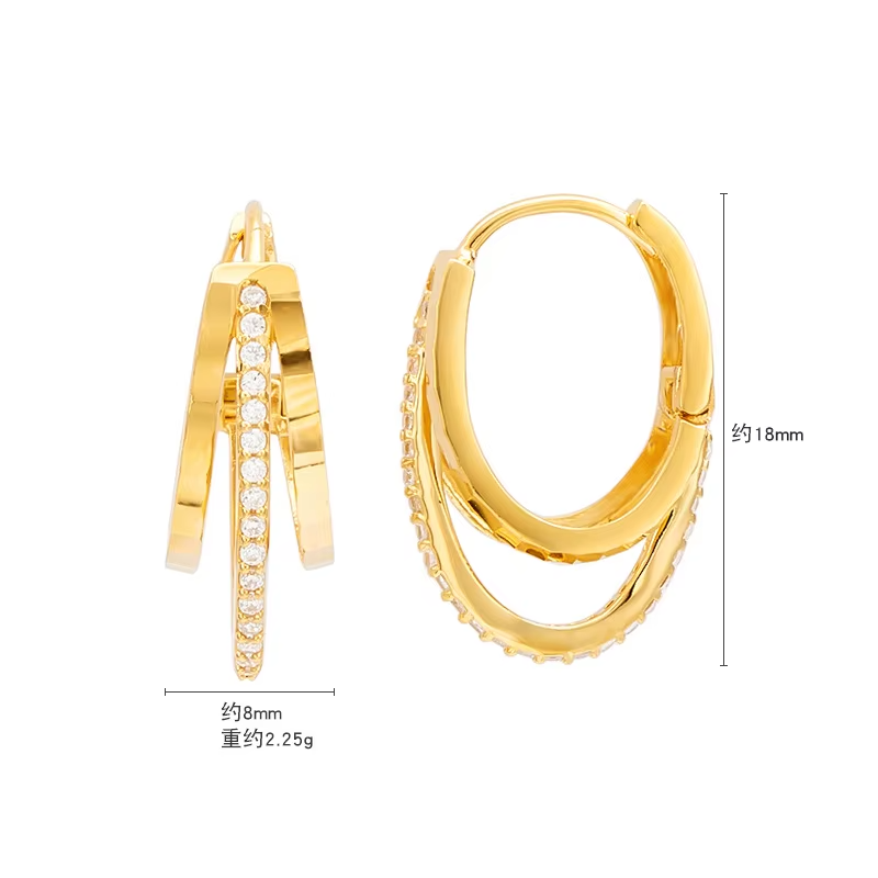 S925 Sterling Silver Women's Trendy Stud Earrings Korean-Style Niche Design Three-Layer Zircon Inlay Simple Hoop Style Jewelry