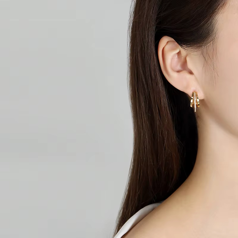 S925 Sterling Silver Women's Trendy Stud Earrings Korean-Style Niche Design Three-Layer Zircon Inlay Simple Hoop Style Jewelry
