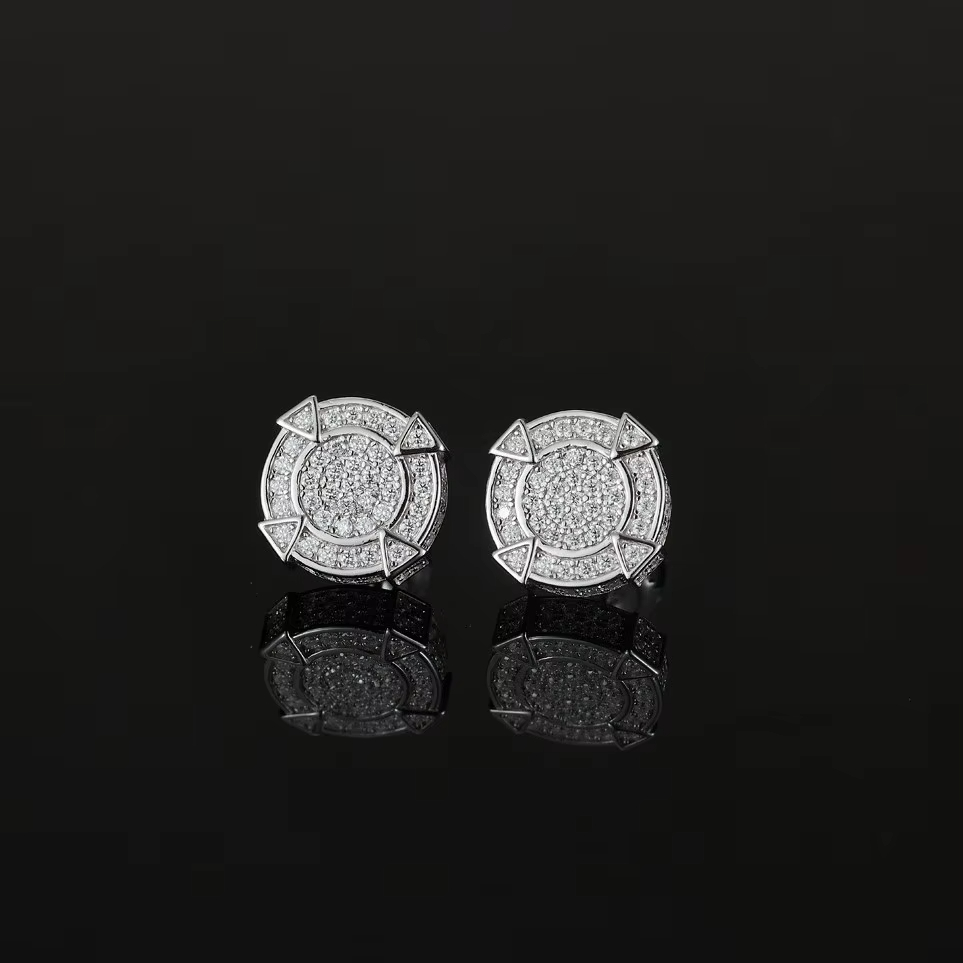 S925 pure silver round full-set moissanite earrings for men and women; light luxury, exaggerated personal style earrings