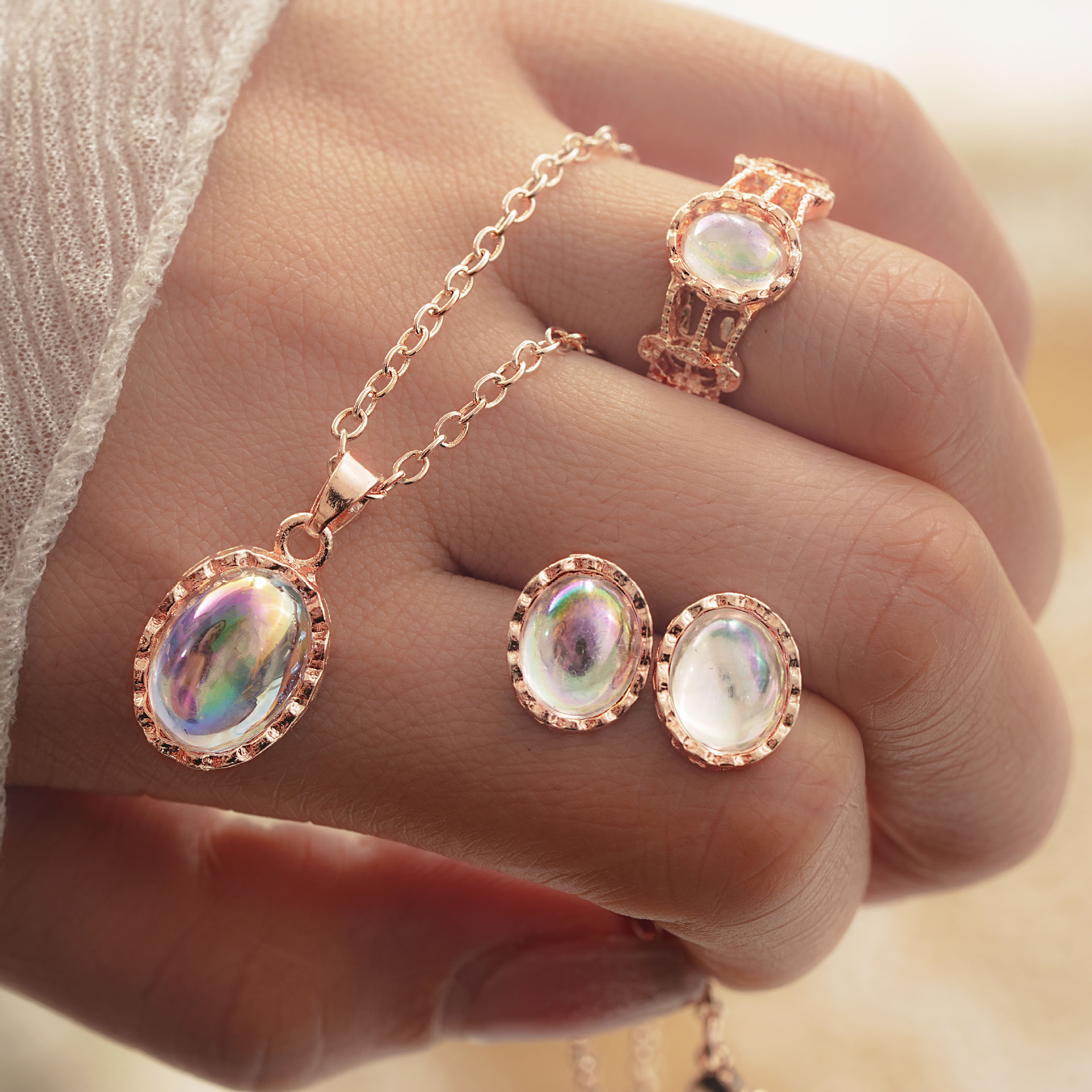 Shiny Stainless Steel Jewelry Sets with Oval Crystal Necklace Earrings Ring Bracelet Elegant Women Set